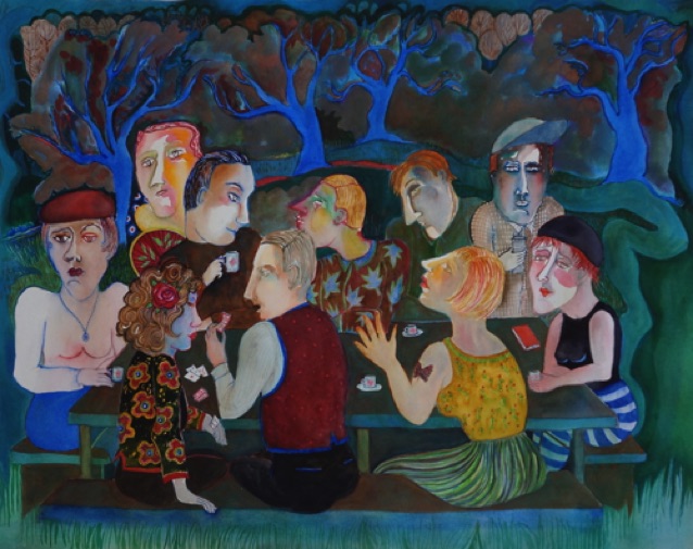 Blue Trees     40" x 48"
In the blue shadows, the characters sip coffee
 and play cards around the picnic table.
